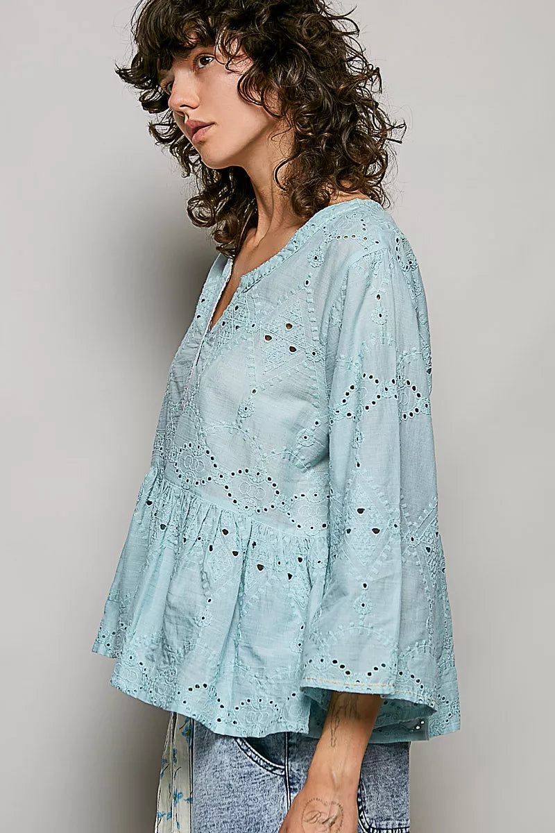 POL Eyelet Embroidery Peplum Button Front Cotton Shirt