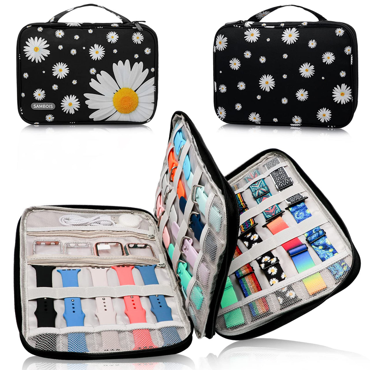 Sambois Watch Band Organizer Case for Apple Watch Band Portable Watch Band Holder Organizer for 35 Watch Straps Travel Watch Band Storage Bag for iWatch Band Pin and Other Accessories (Daisy)