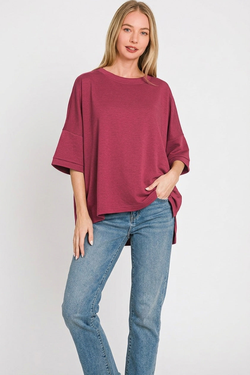 Zenana Full Size Scuba Round Neck Top With Side Slits Plus Size