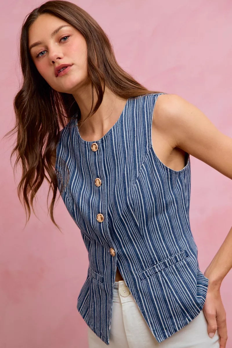 SO ME Stripe Slim Fit Button Front Denim Vest Top