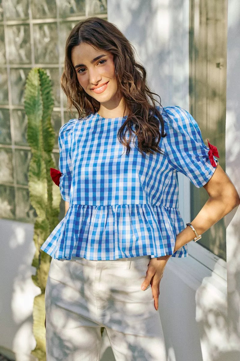 SO ME 4th Of July Gingham Ribbon Detail Short Sleeves Blouse