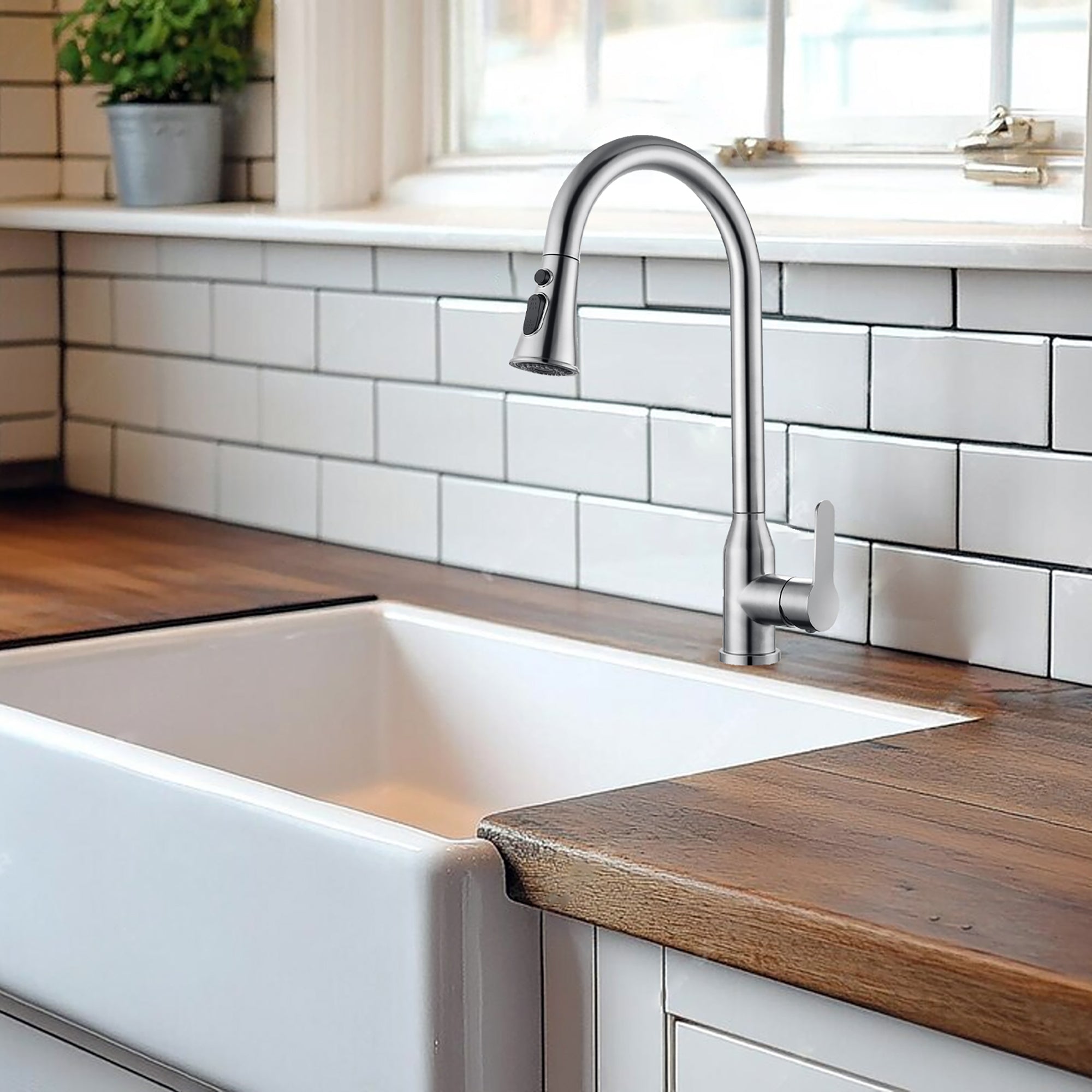 Stainless Steel High Arc Kitchen Faucet with Pull Down Sprayer in Brushed Nickel Finish