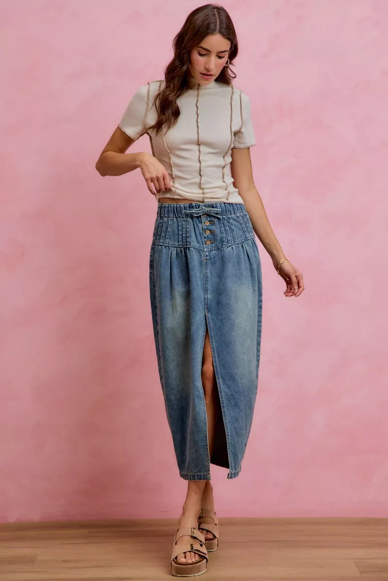 SO ME Pleated Washed Denim Skirt With Front Slit