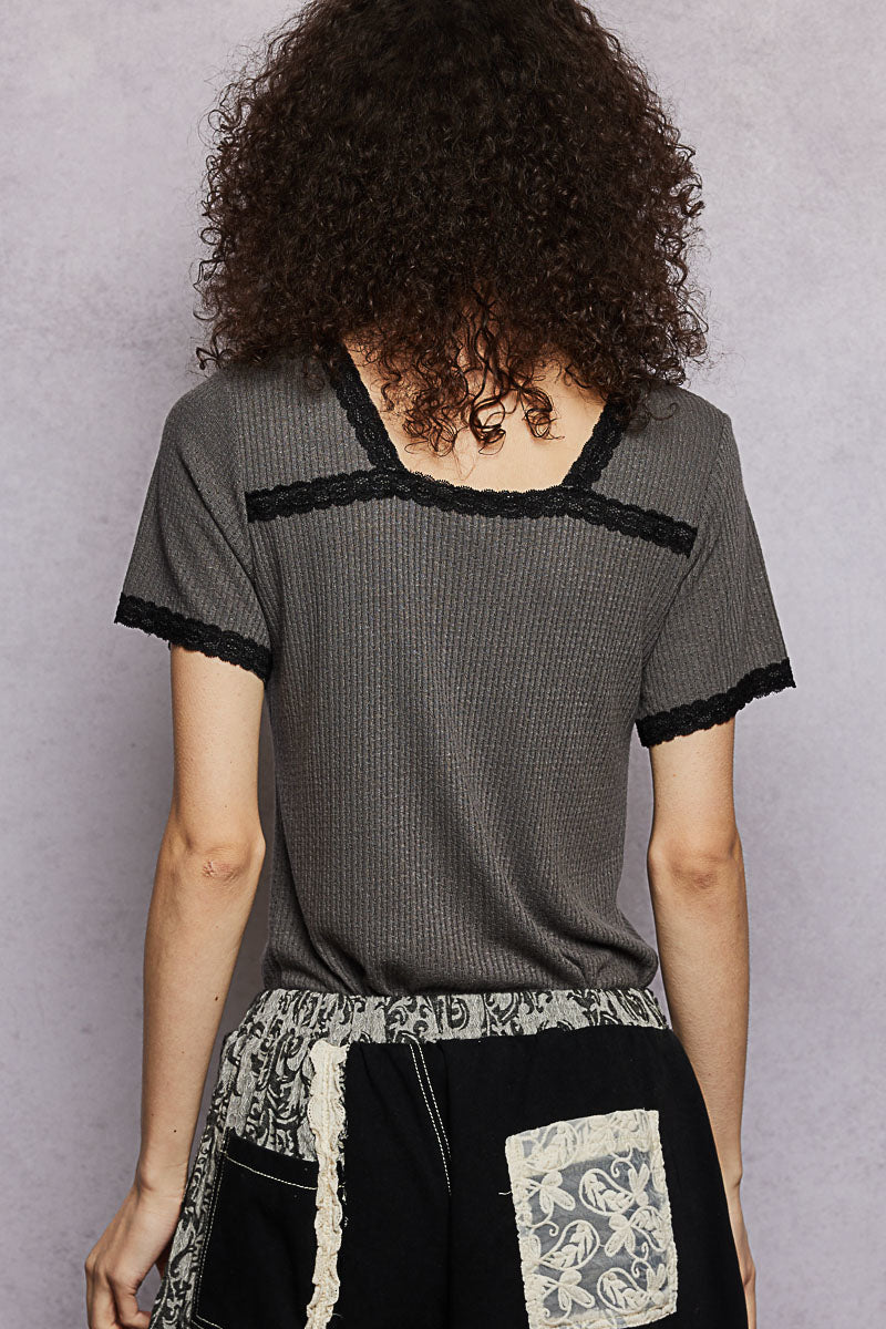 POL Lace Detail V-Neck Short Sleeve Textured T-Shirt