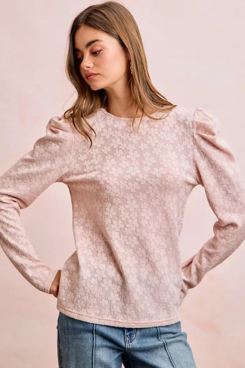 BiBi Textured Flower Knit Puff Shoulder Top