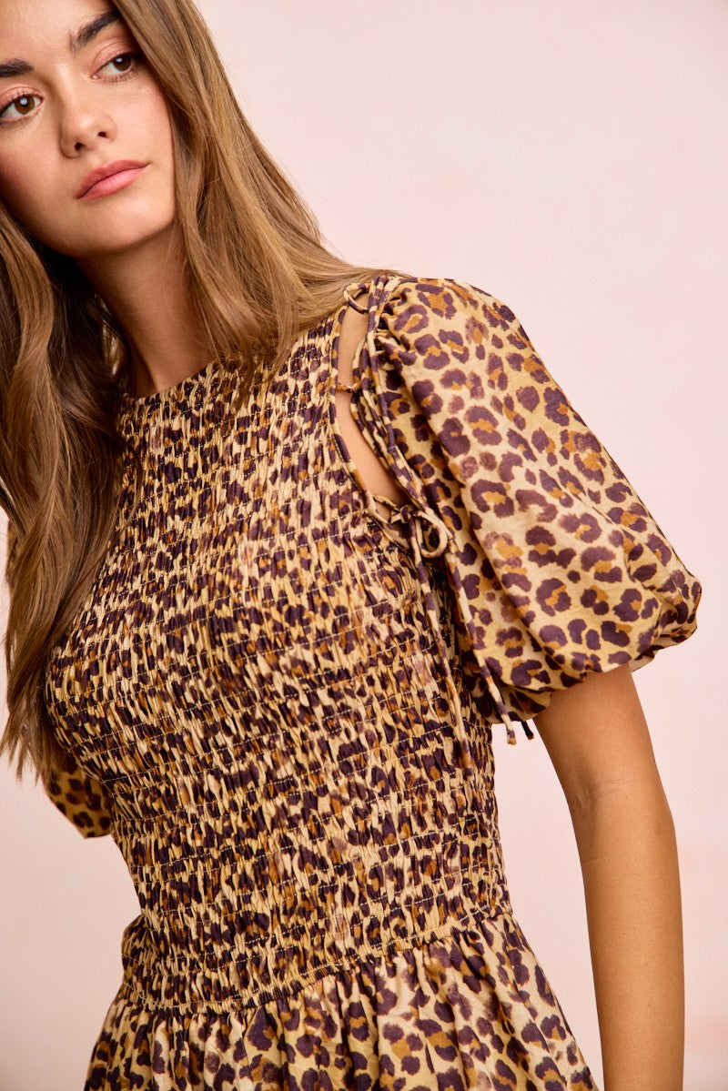 BiBi Leopard Bow Tie Attachable Puff Sleeves Dress