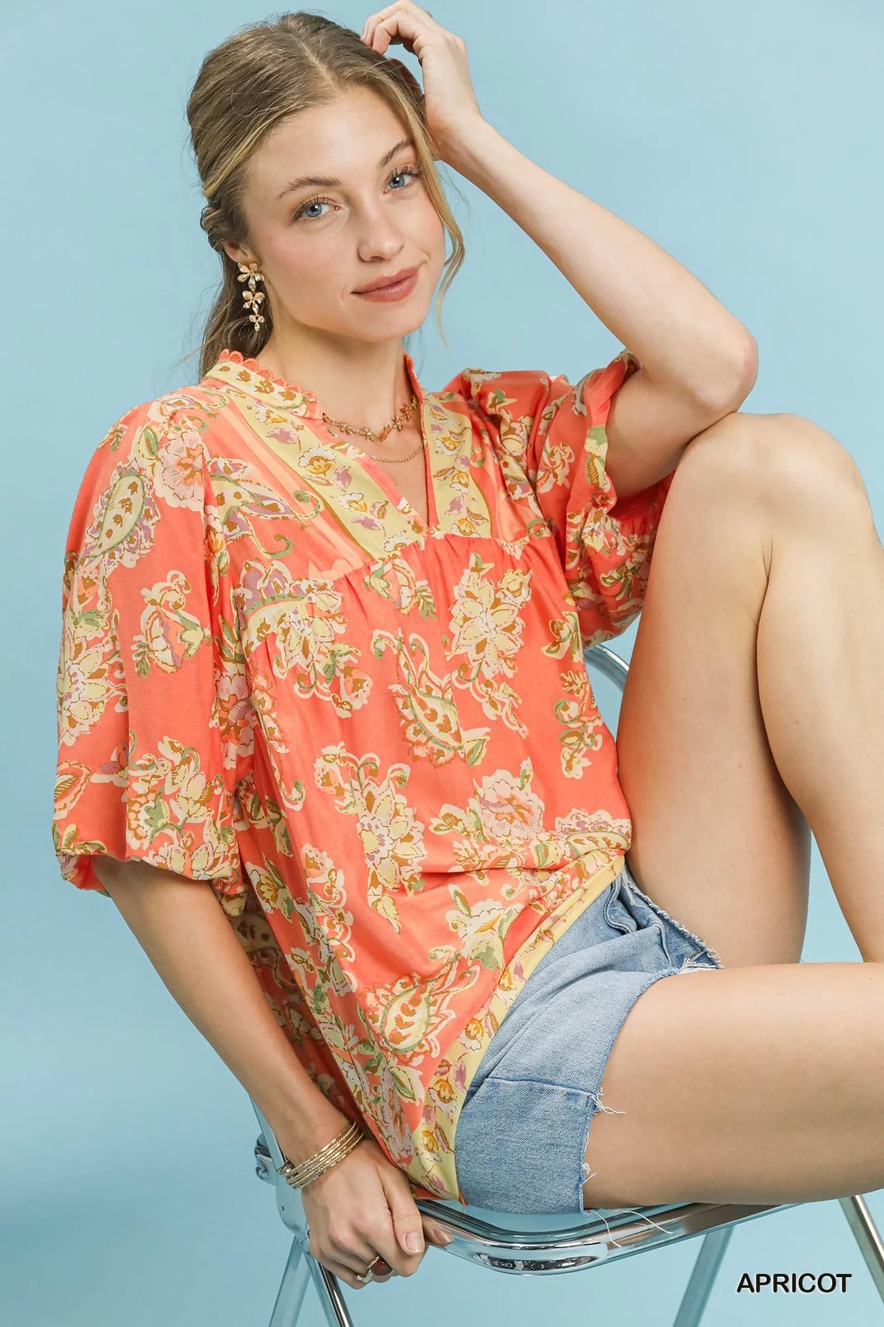Umgee Apricot Floral Boho Blouse