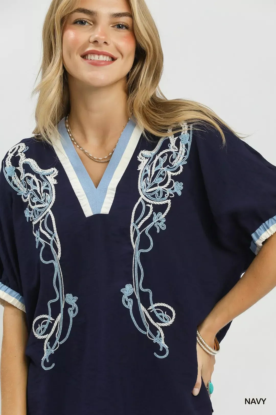 Umgee Embroidered Floral V-Neck Short Sleeve Blouse with Contrast Trim