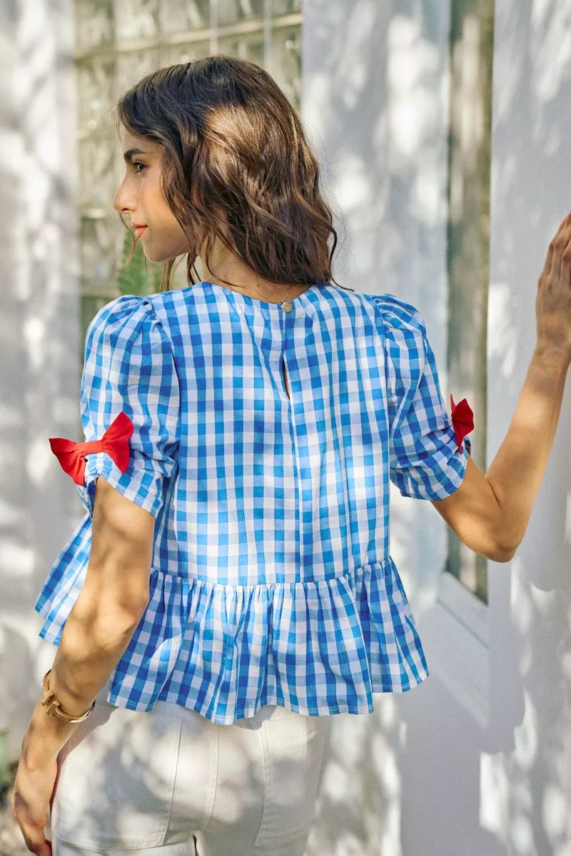 SO ME 4th Of July Gingham Ribbon Detail Short Sleeves Blouse