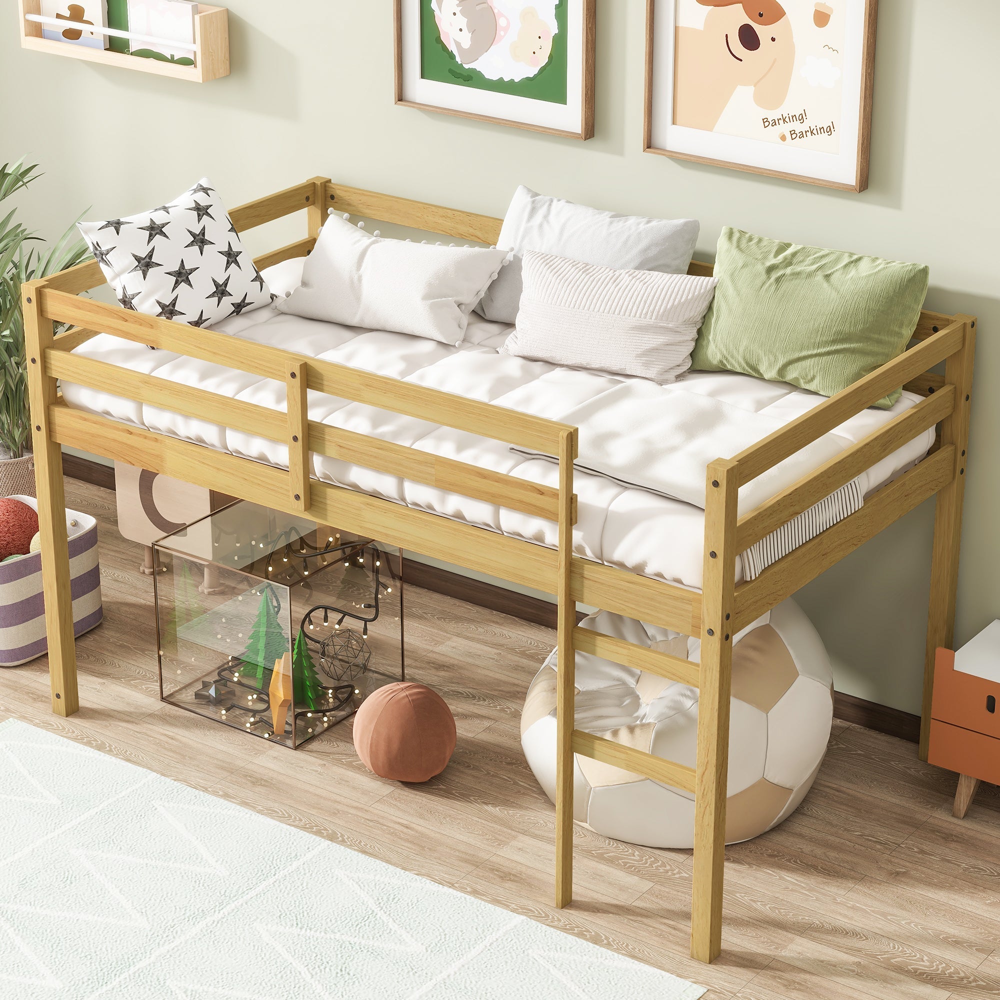 Solid Wooden, Rubber Wooden Twin Loft Bed with Ladder, Bed Platform of Strengthened Slats, Natural