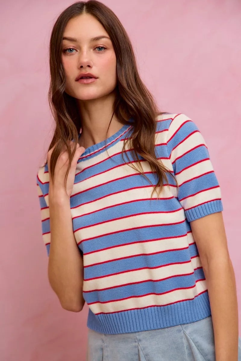 SO ME Stripe Knit Crew Neck Short Sleeves Sweater Top