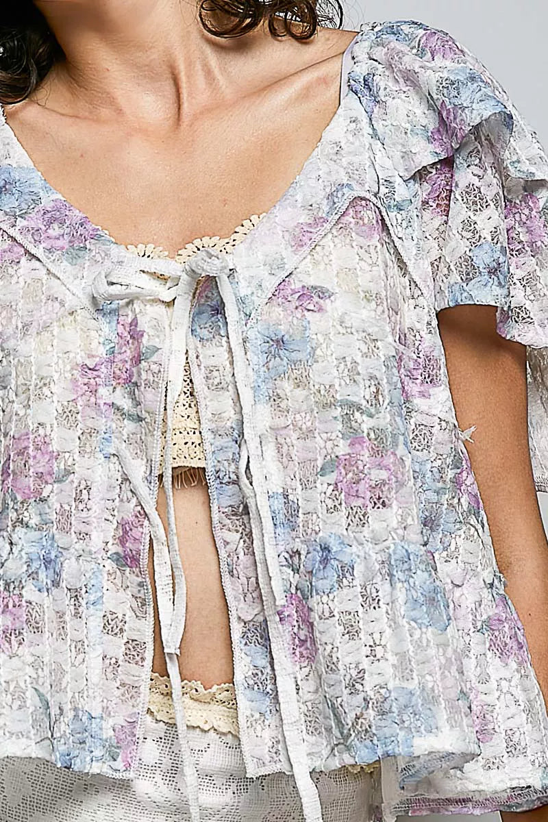 POL Lace Detail Floral Tie Front Ruffle Short Sleeve Blouse
