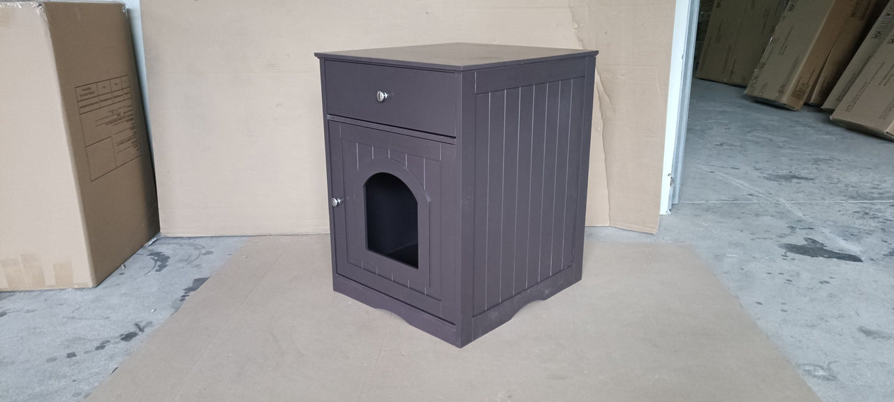 Brown Wooden Pet House Cat Litter Box Enclosure with Drawer, Side Table, Indoor Pet Crate, Cat Home Nightstand