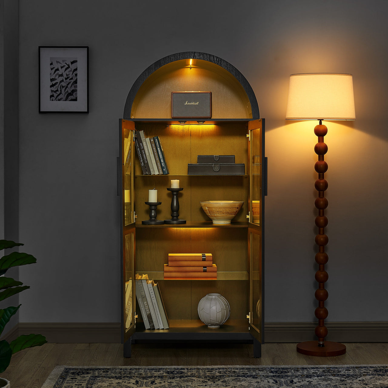 A high arched storage cabinet with a lamp, a modern retro-style wooden storage cabinet with adjustable glass partitions, suitable for use as a multi-functional cabinet in kitchens-Black
