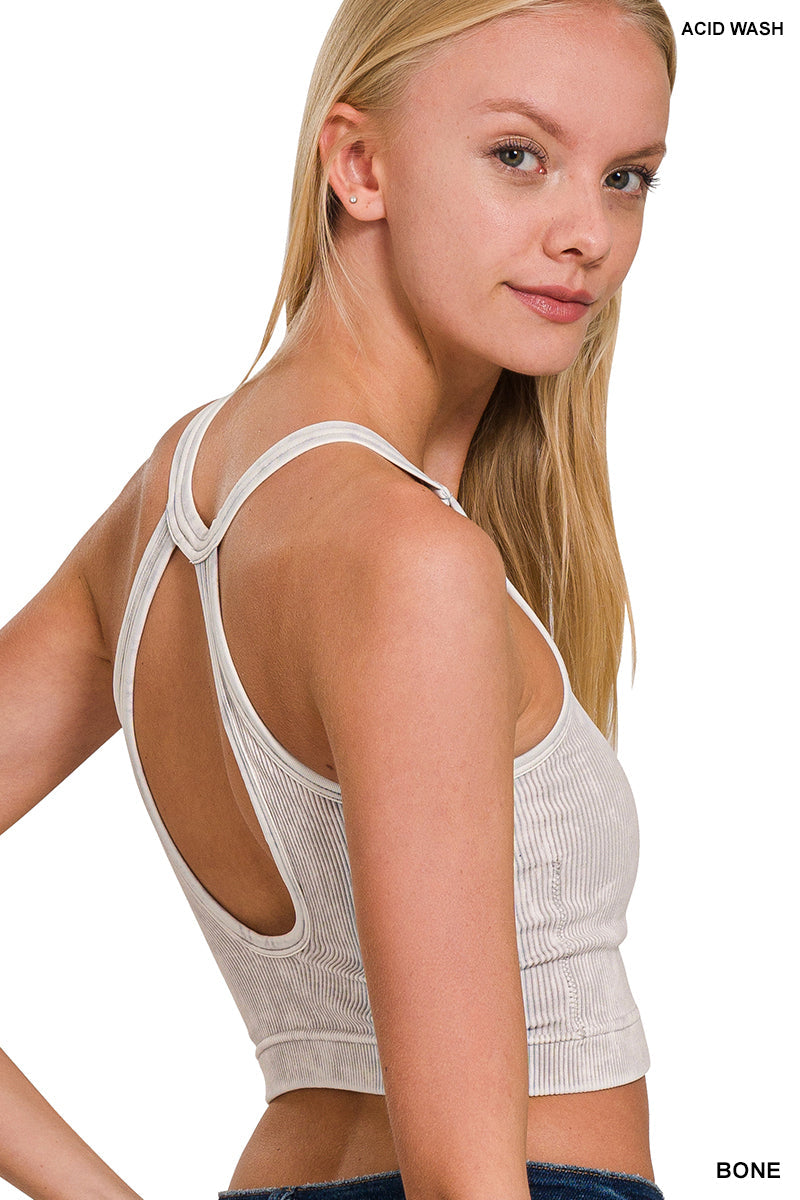 Zenana Washed Ribbed Seamless Button V-neck Tank Top