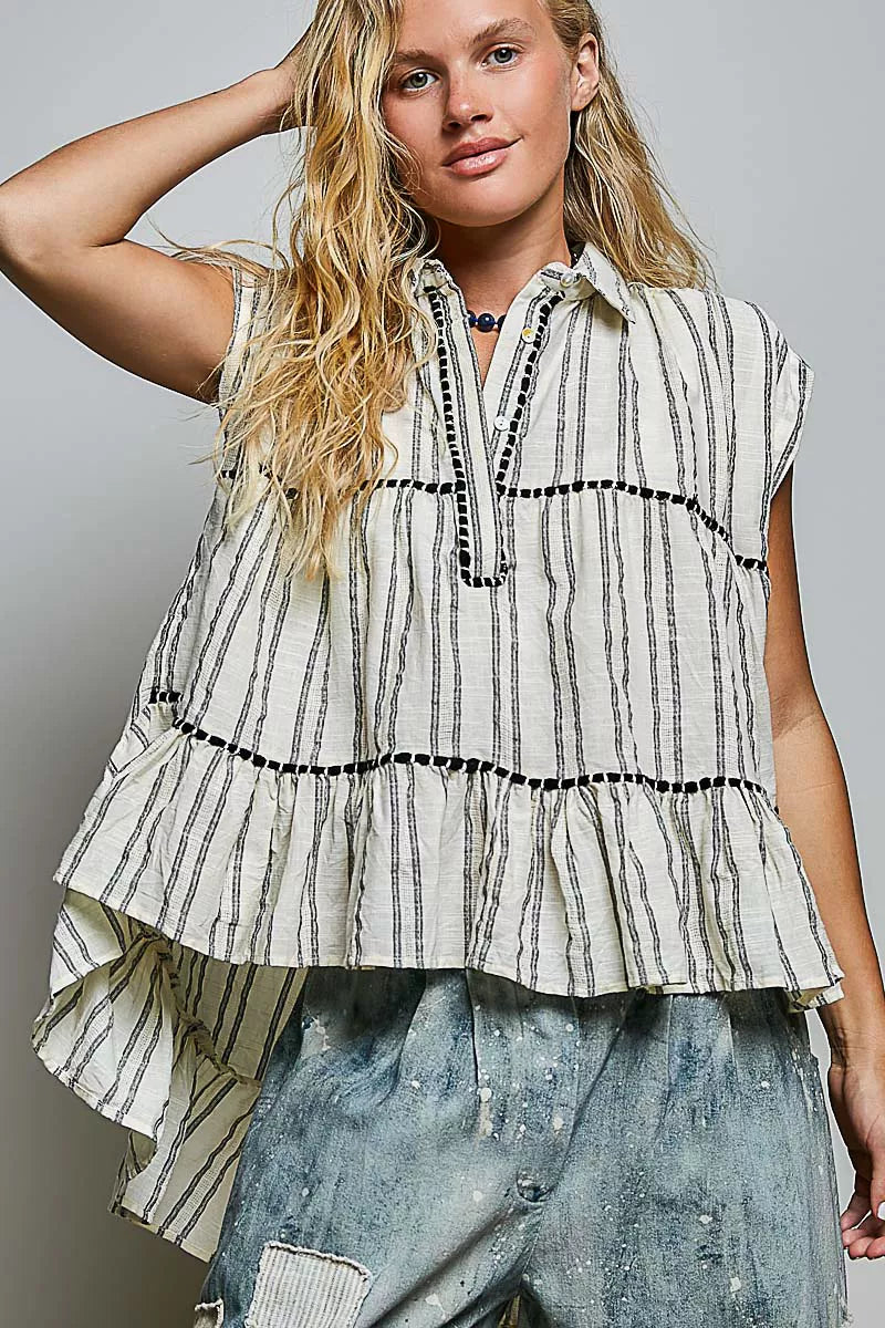 POL Striped Ruffle Collared Sleeveless Cotton Top