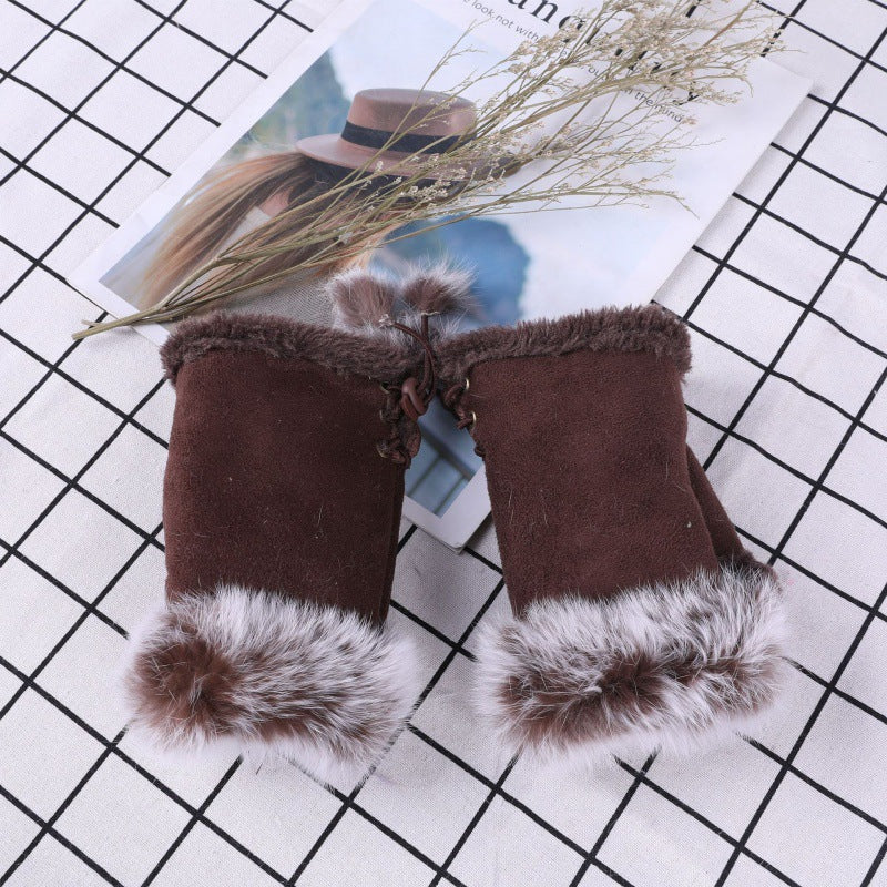 Suede Rabbit Hair Half Finger Gloves