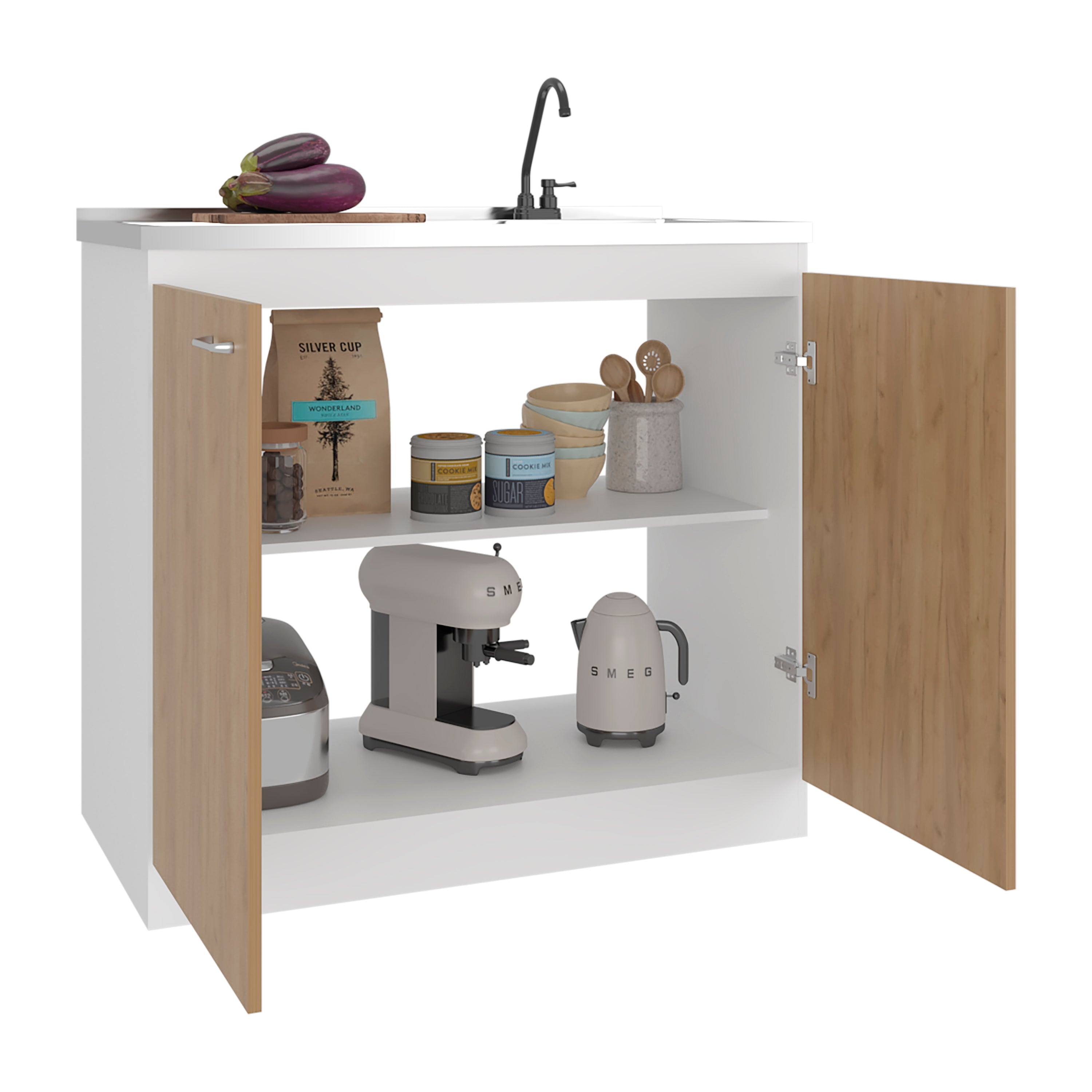 Salento Freestanding Sink, Double Door Cabinet, Two Shelves, White / Natural Oak