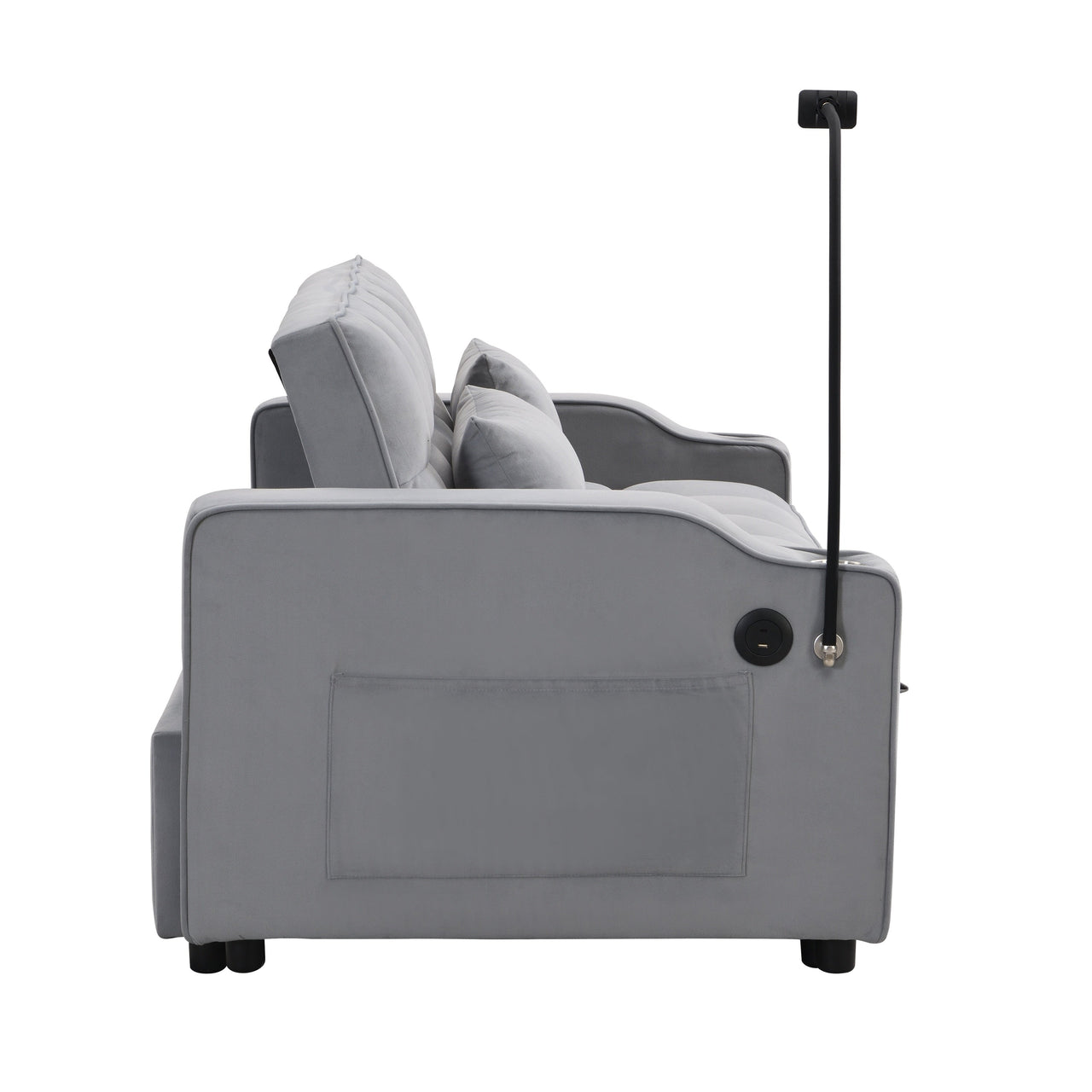 Modern Velvet Loveseat Futon Sofa Couch with Pullout Bed, Adjustable Backrest, Toss Pillows, Light Gray