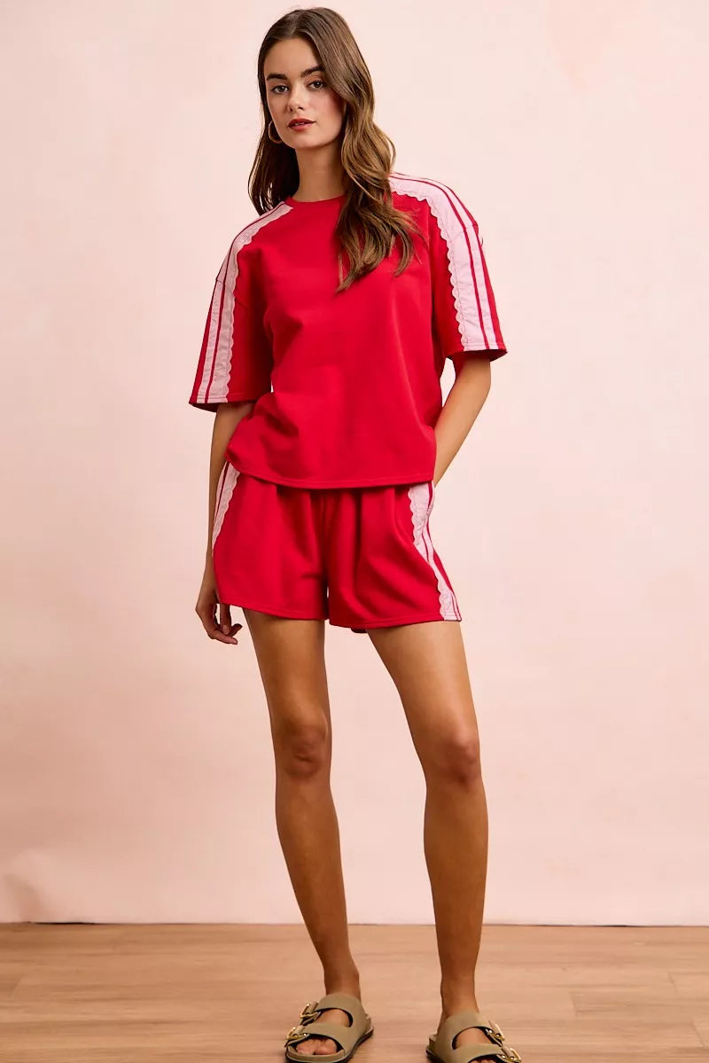 BiBi French Terry Side Lace Detail Short Sleeves Top