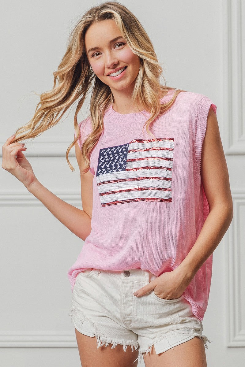 BiBi American Flag Sequins Patch Knit Top