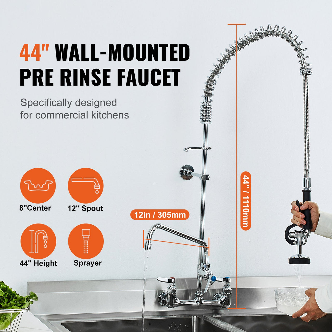 Commercial Faucet with Pre-Rinse Sprayer, 44' Height, 8' Center, 12' Swing Spout, Wall Mount Kitchen Sink Faucet, Brass Constructed Device with Pull Down Spray, for 1/2/3 Compartment Sink