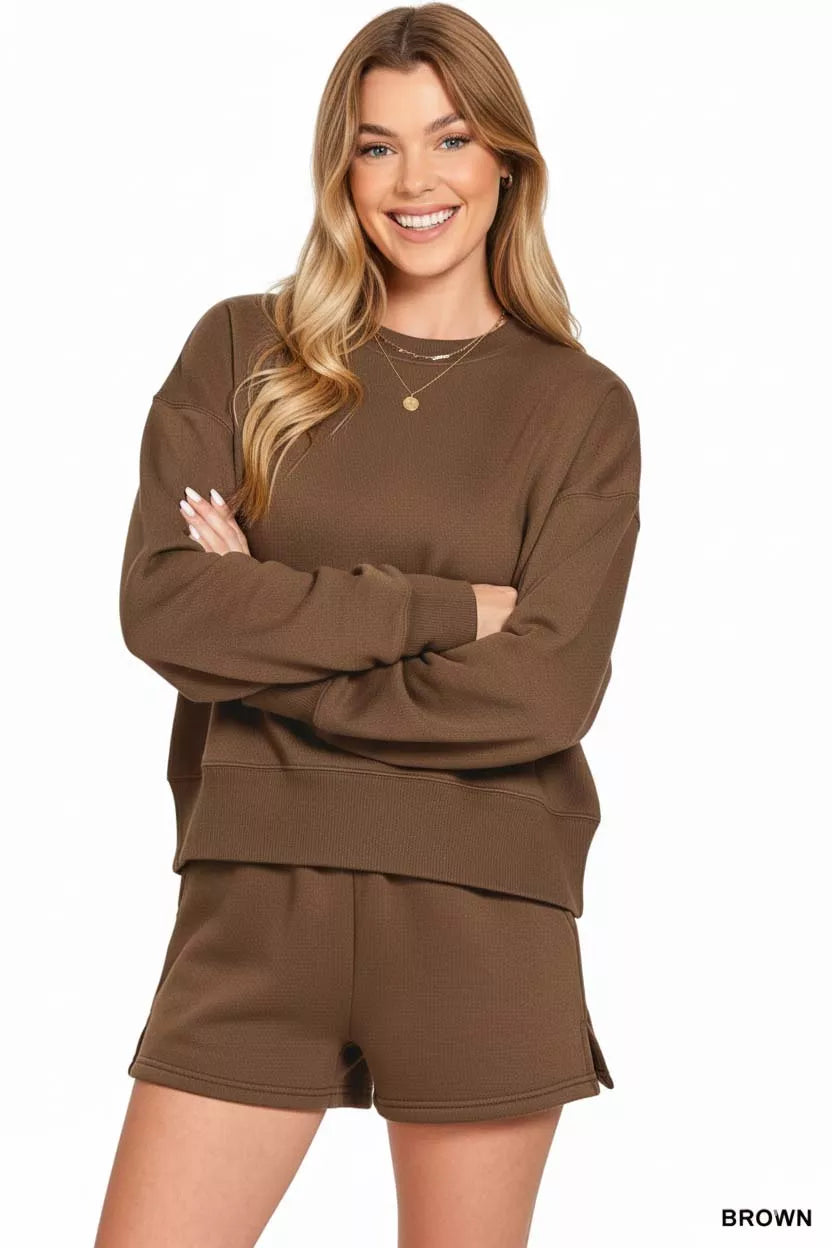 Zenana Fleece Round Neck Sweatshirt and Shorts Set