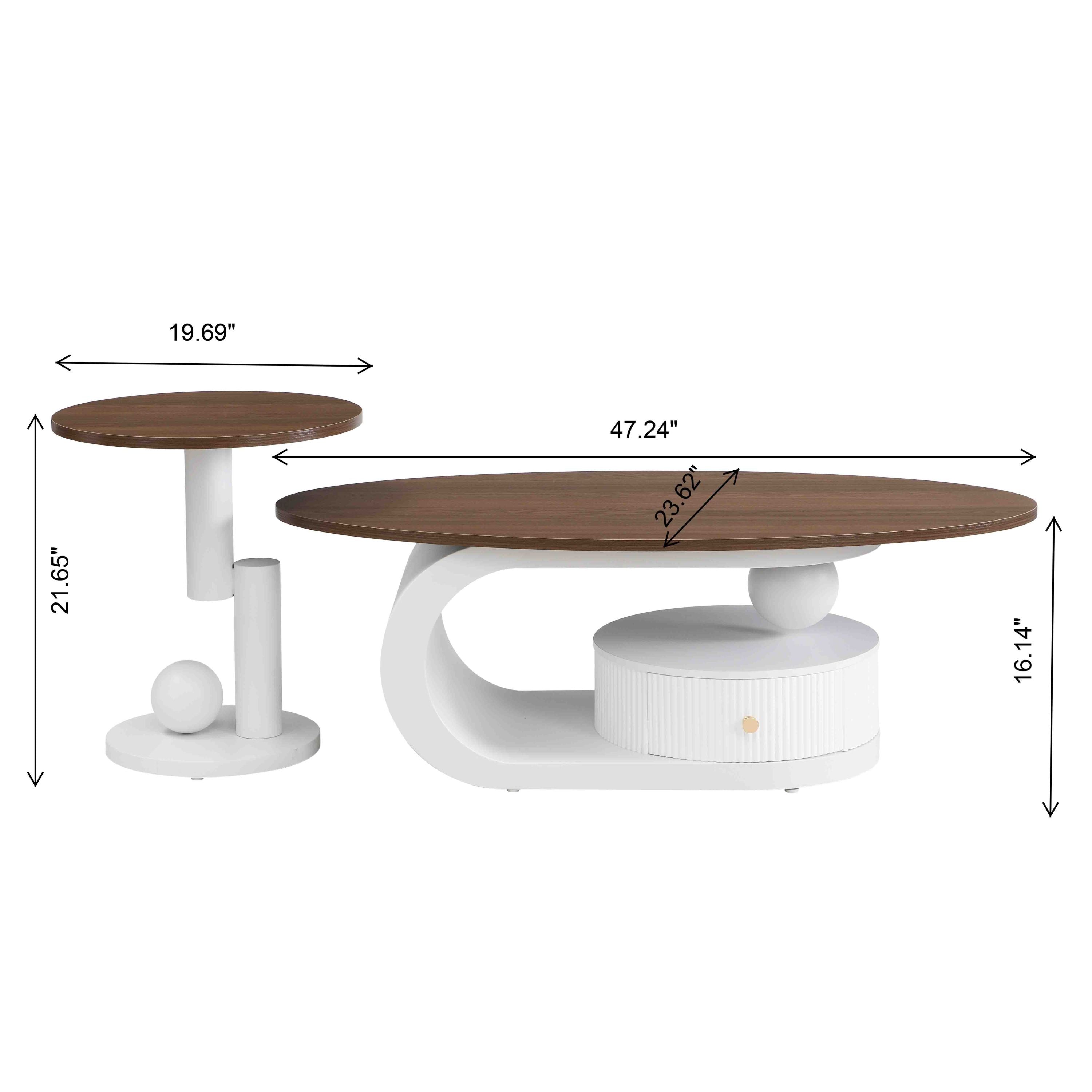 Luxury Nesting Coffee Table Set of 2,  Tables with Storage for Living Room, Oval and Round Table Set, White Center Table, Cocktail Table, Side Table,  Large 47.24'', Small 19.69''