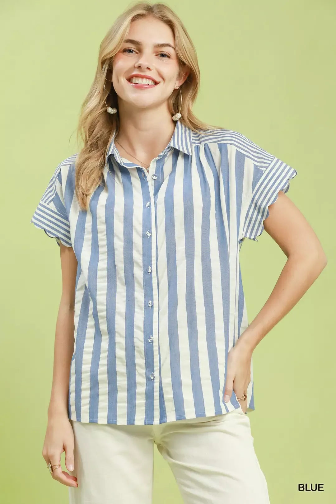 Umgee Striped Button Front Flutter Sleeve Top