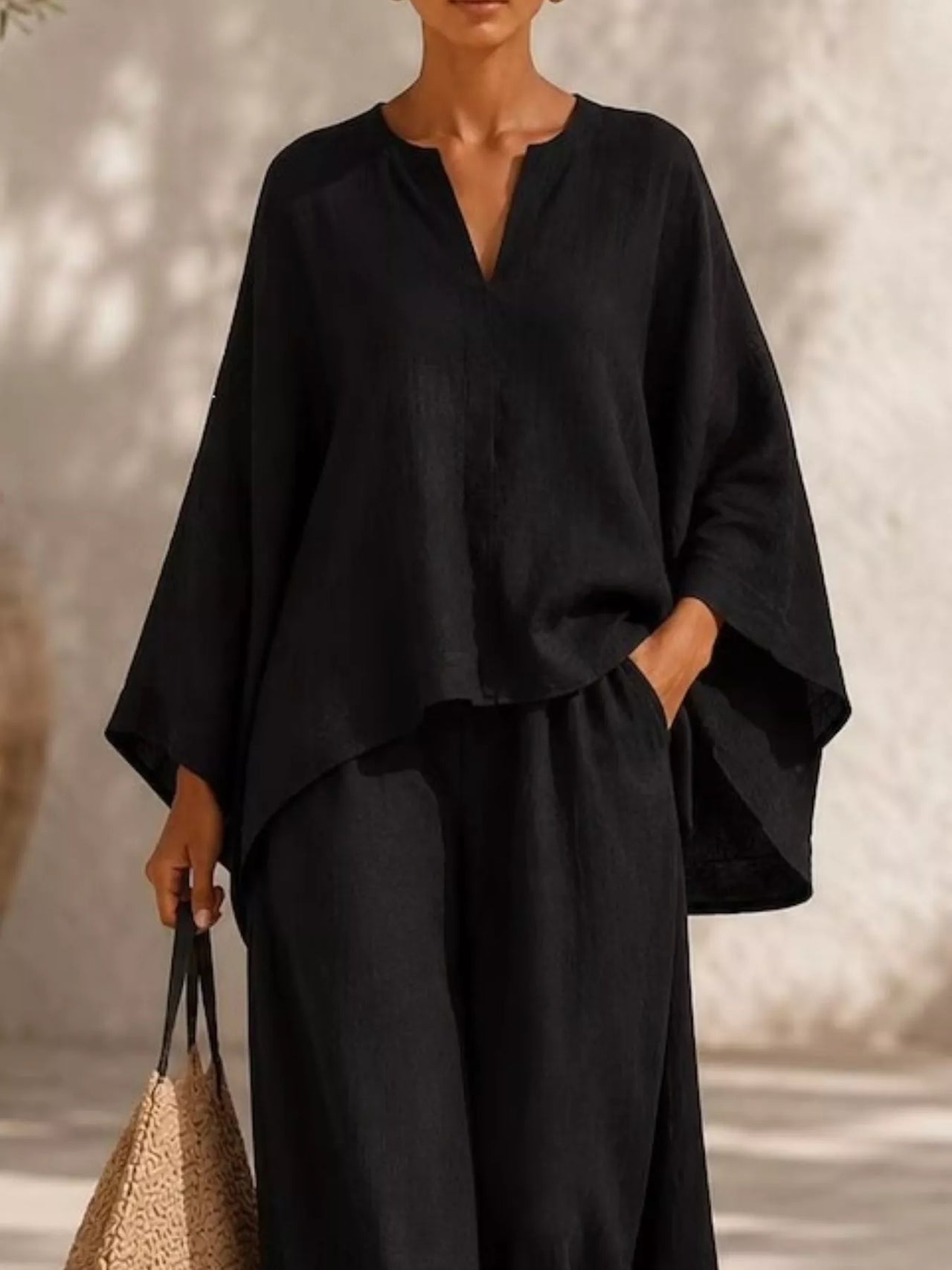 Full Size Notched Long Sleeve Top and Wide-Leg Pants Set Plus Size