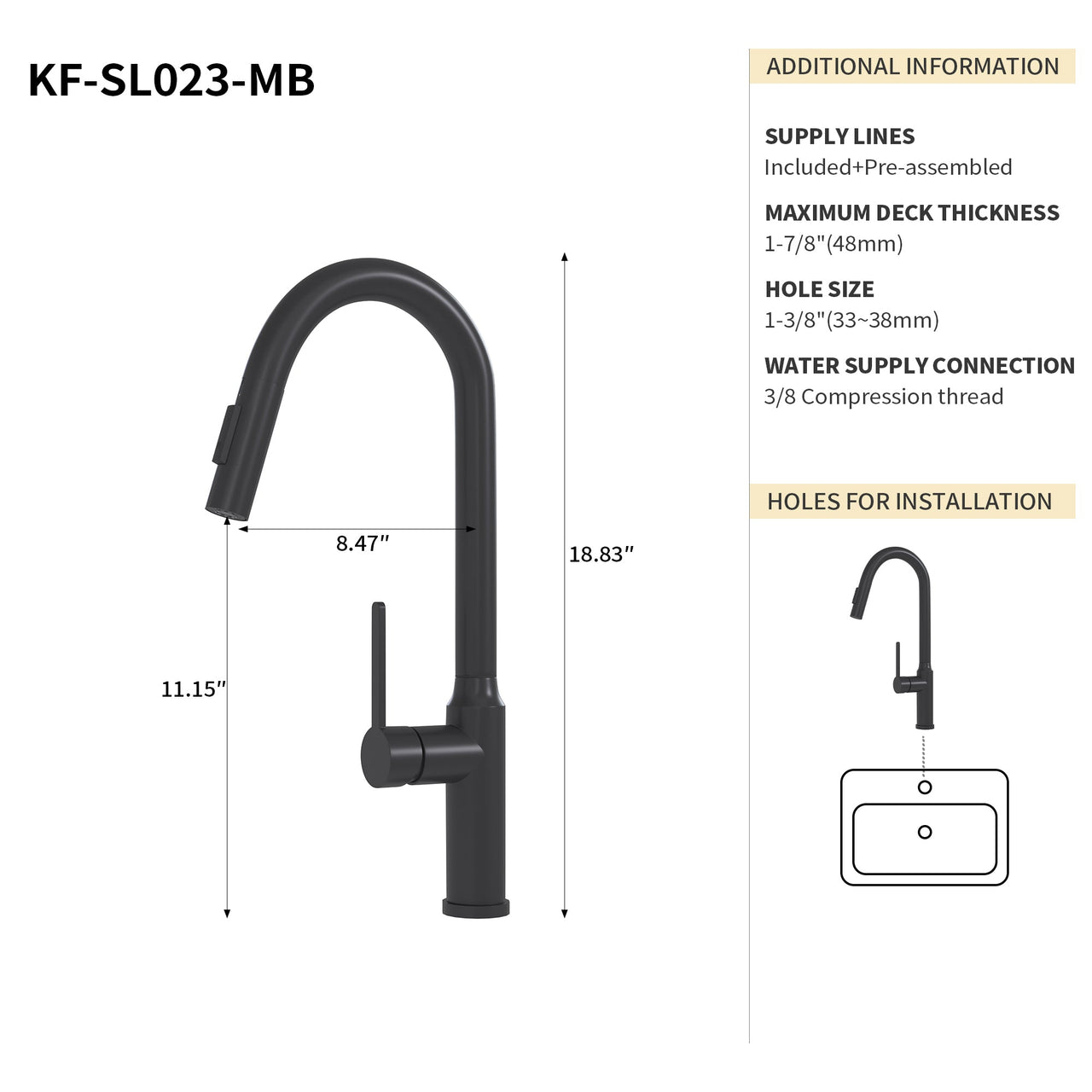 Bothwa Home 18.83' CUPC Certified Pull-down Kitchen Faucet (Matt Black Finish)