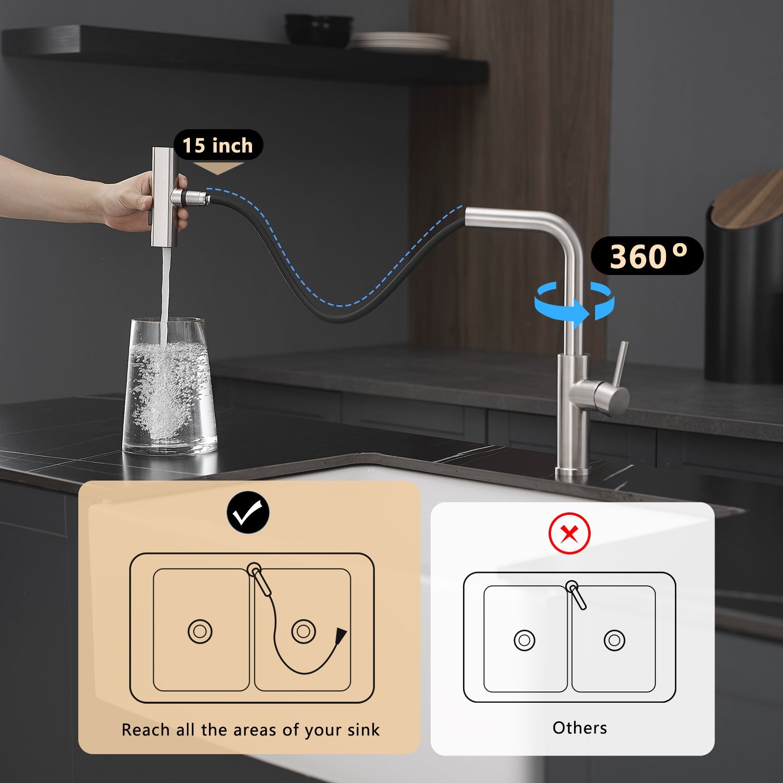Kitchen Sink Faucet, Brushed Nickel Kitchen Faucets with Pull out Sprayer, Bar Faucet Single Hole Faucet