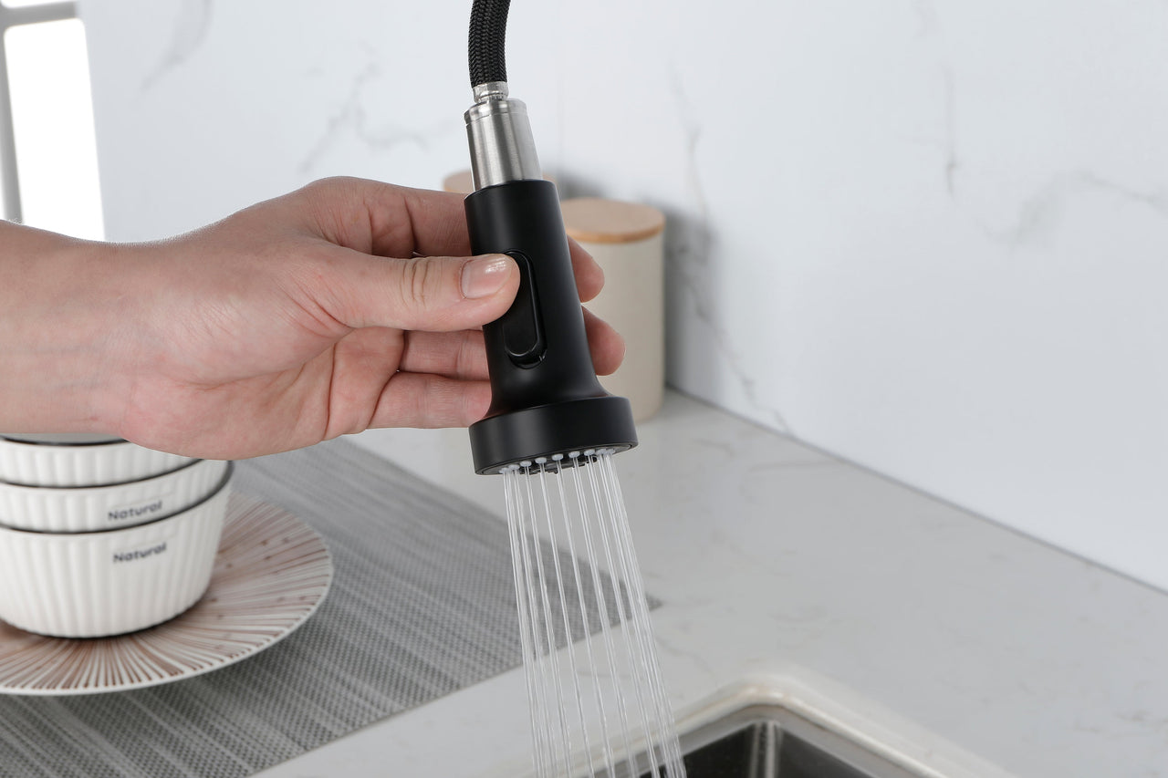 Spring kitchen faucet with pull-out sprayer, stainless steel single handle single hole kitchen sink faucet