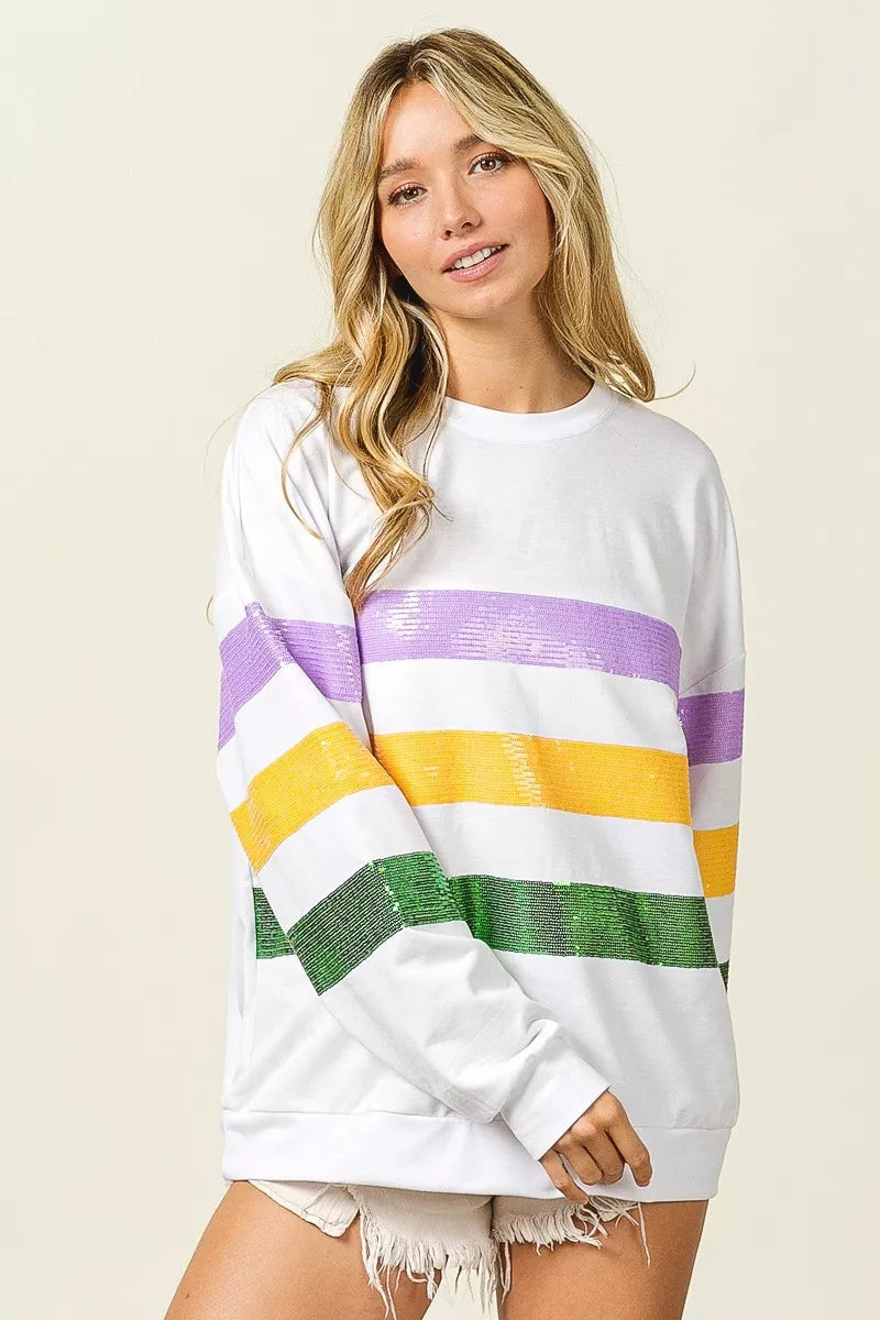 BiBi Sequin Mardi Gras Striped Round Neck Sweatshirt