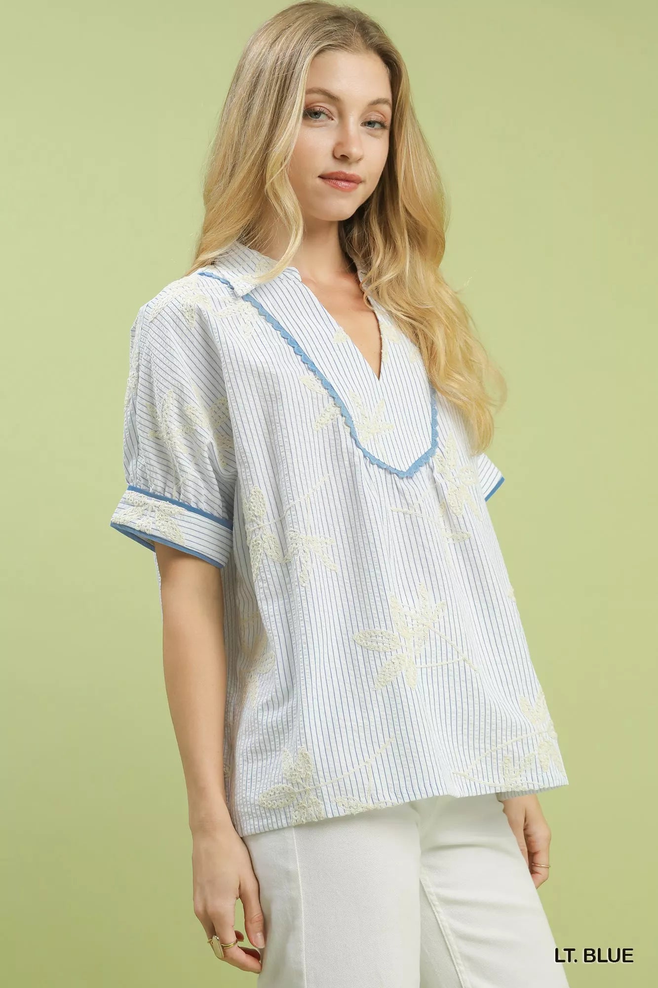Umgee Striped Embroidered Blouse with Scallop Trim