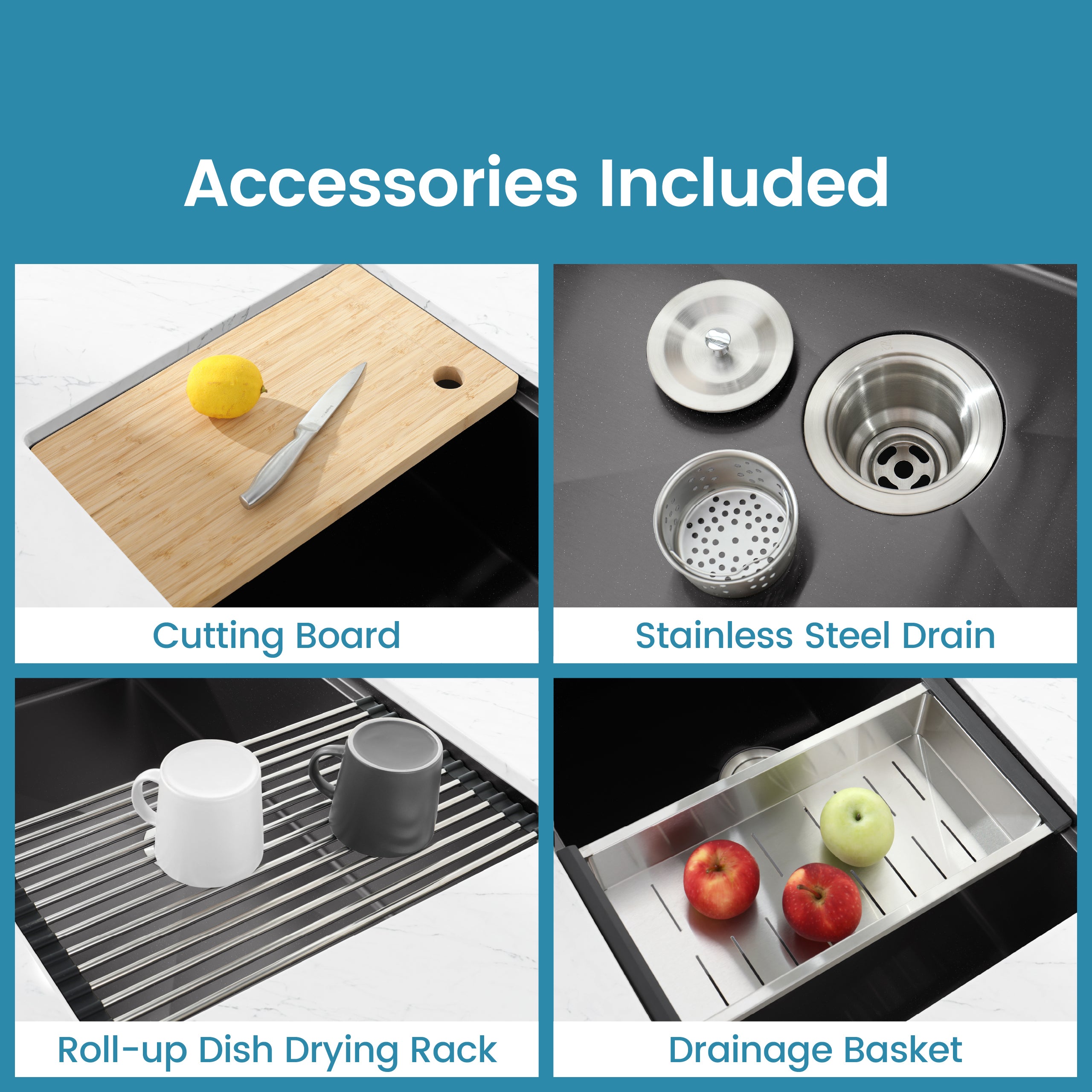 Stainless Steel Kitchen Sink, 30″x19″ Single Bowl, Undermount Handmade Sink in Black, with Cutting Board, Colander