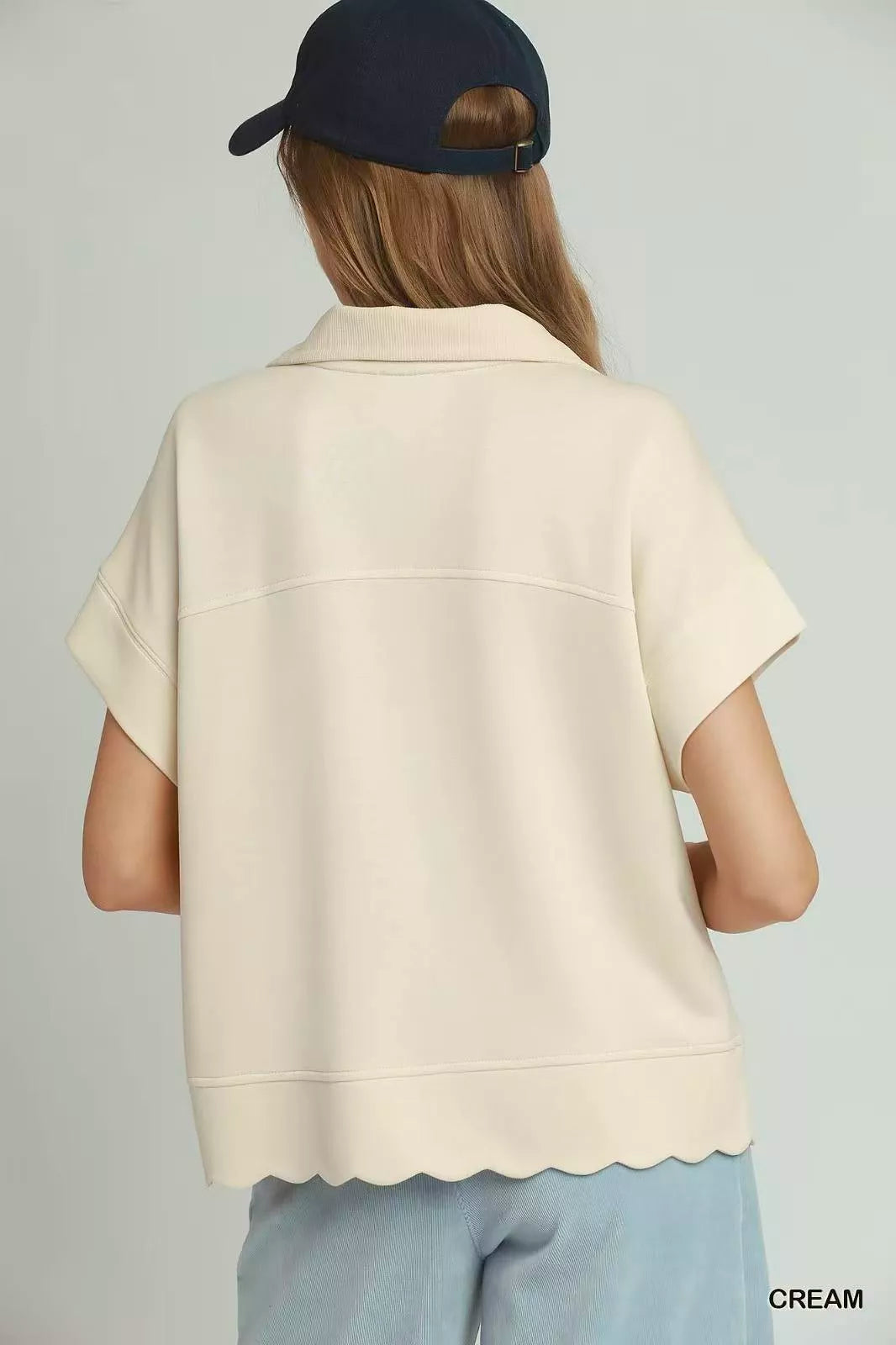Umgee Half Zip Pullover with Scalloped Edge Hem