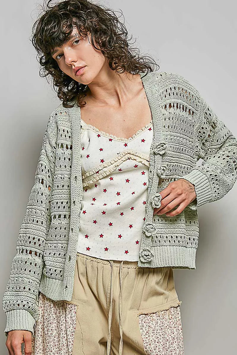 POL Open-Knit Floral Button Cardigan