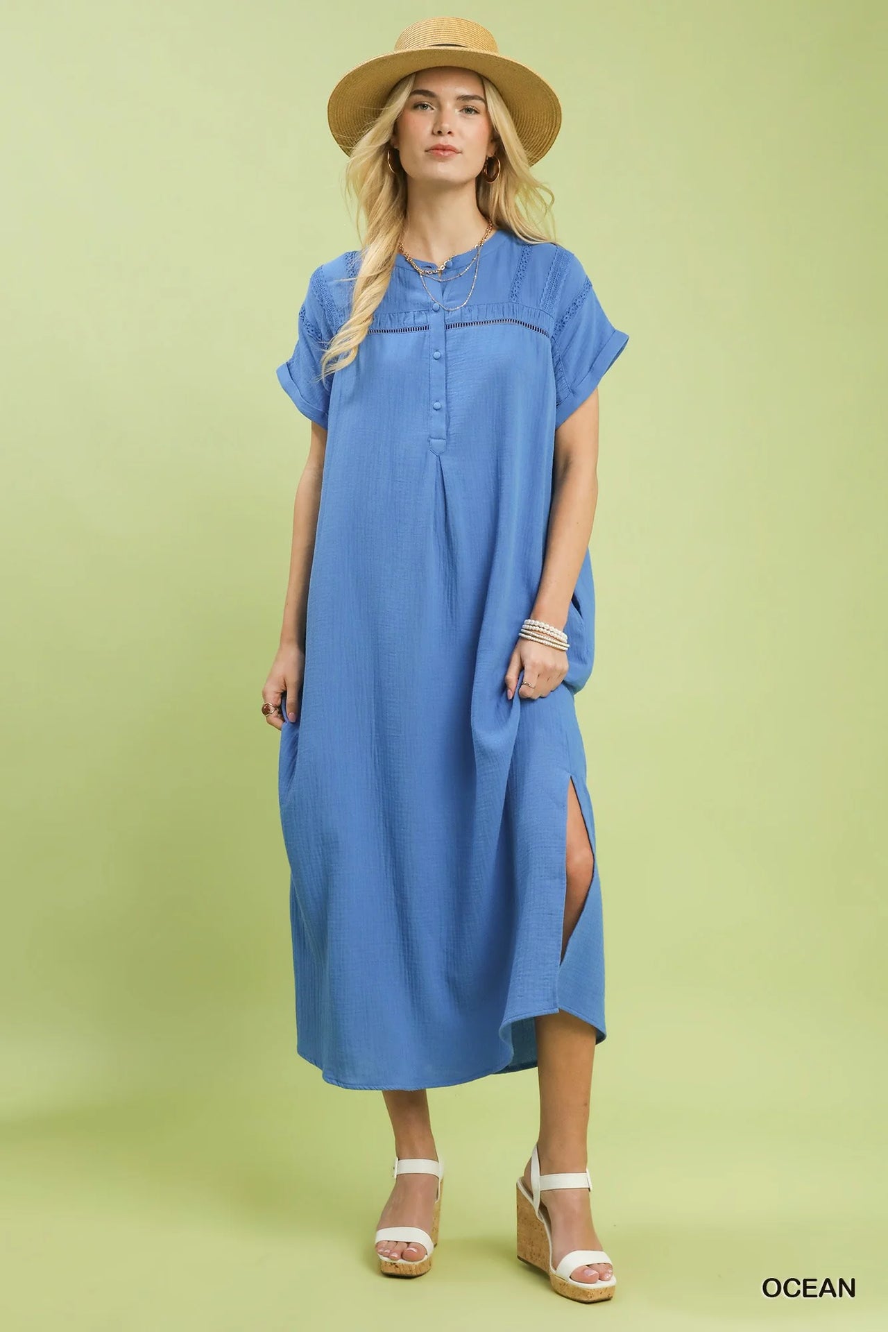 Umgee Button-Front Gauze Midi Dress with Lace Detail