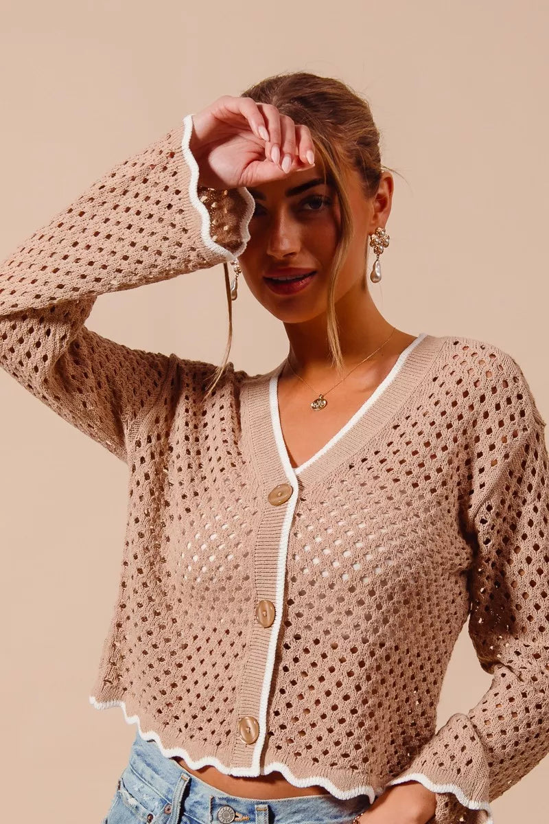 SO ME Open Knit Light Weight Sweater Cardigan With Contrast Wavy Scallop Edge