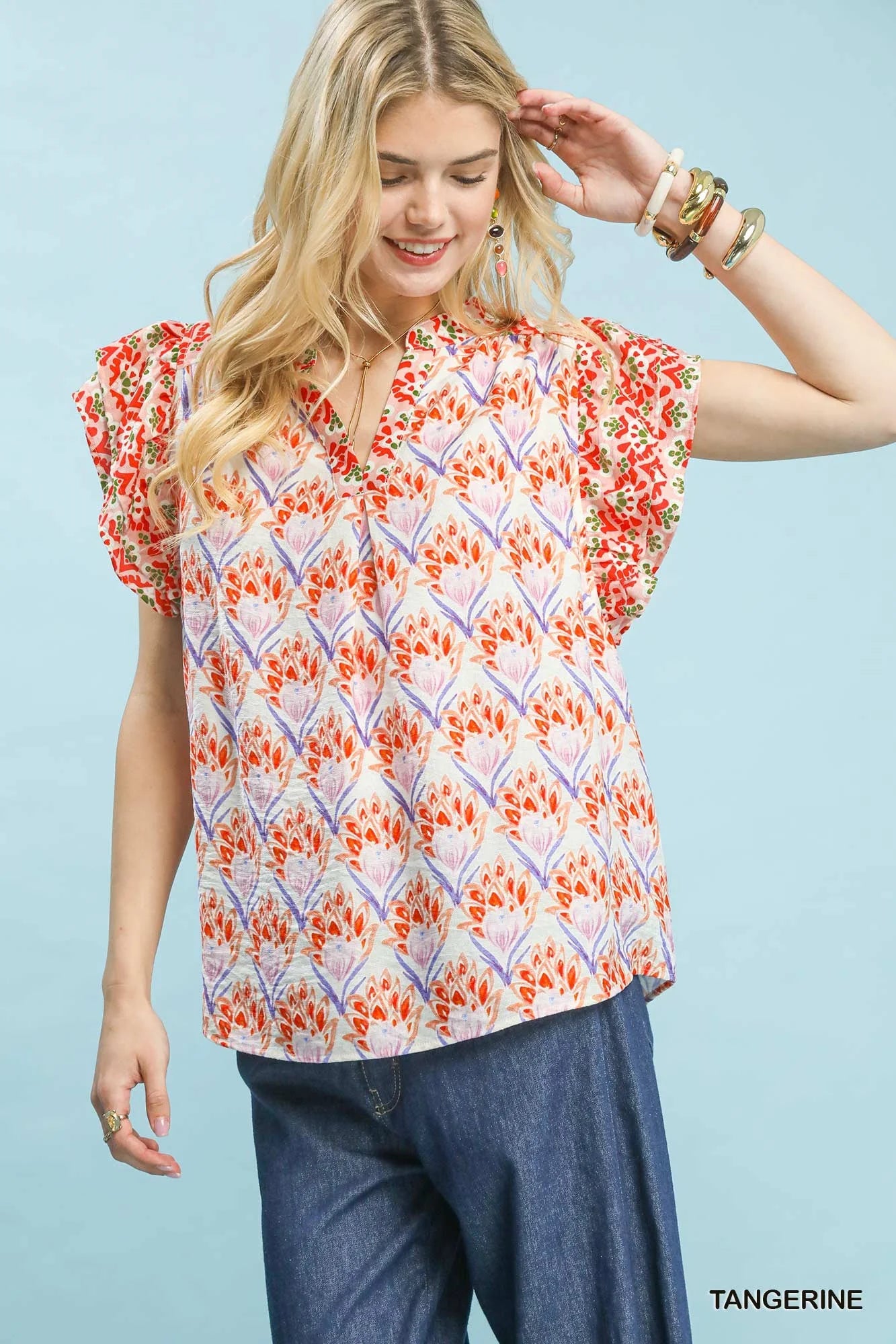 Umgee Double Frill Sleeve Floral Blouse