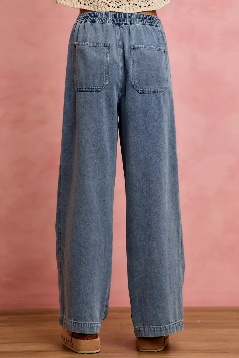 SO ME Mid Rise Ruffled Front Elastic Wide Leg Jeans