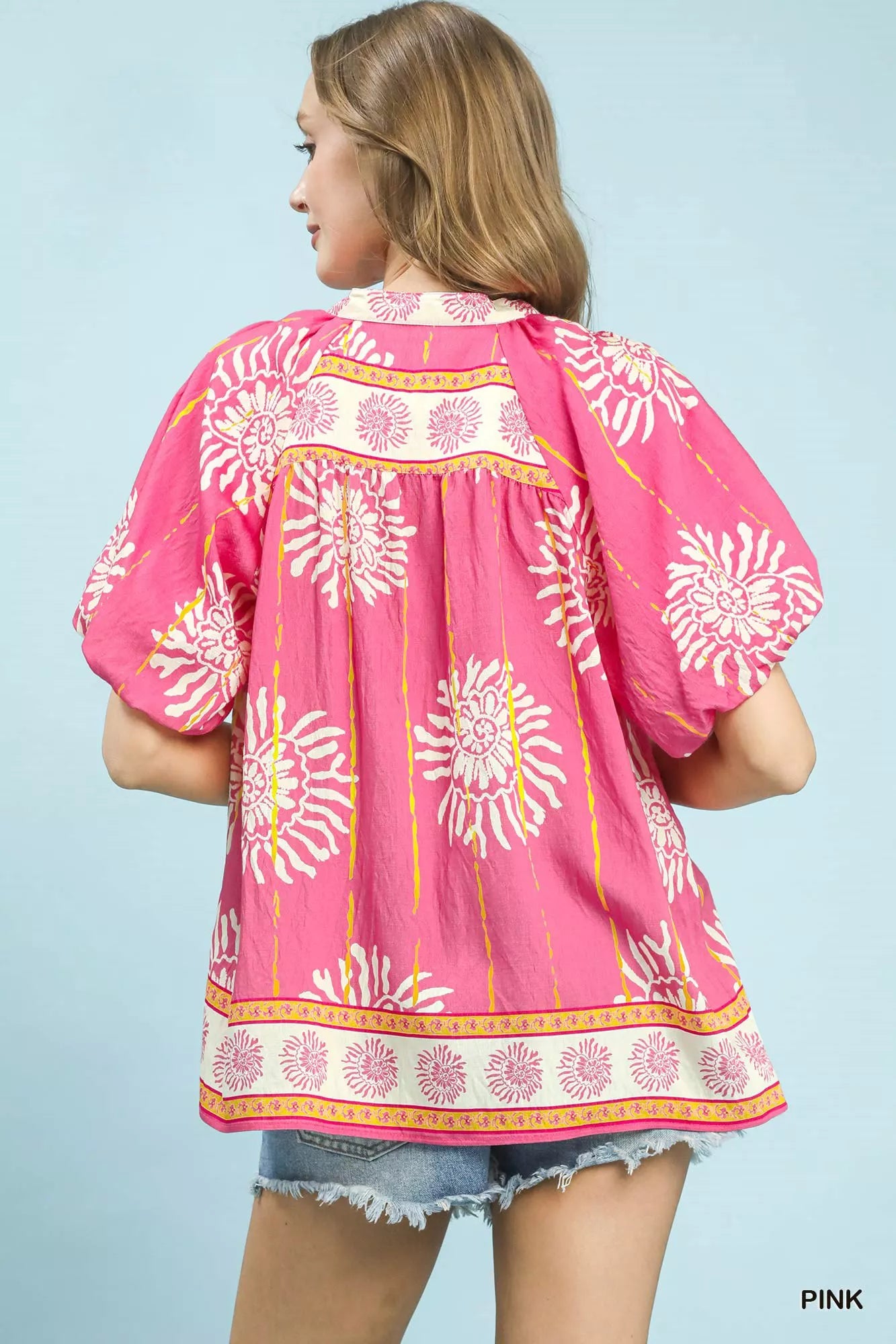 Umgee Floral Border Smocked V-Neck Boho Blouse