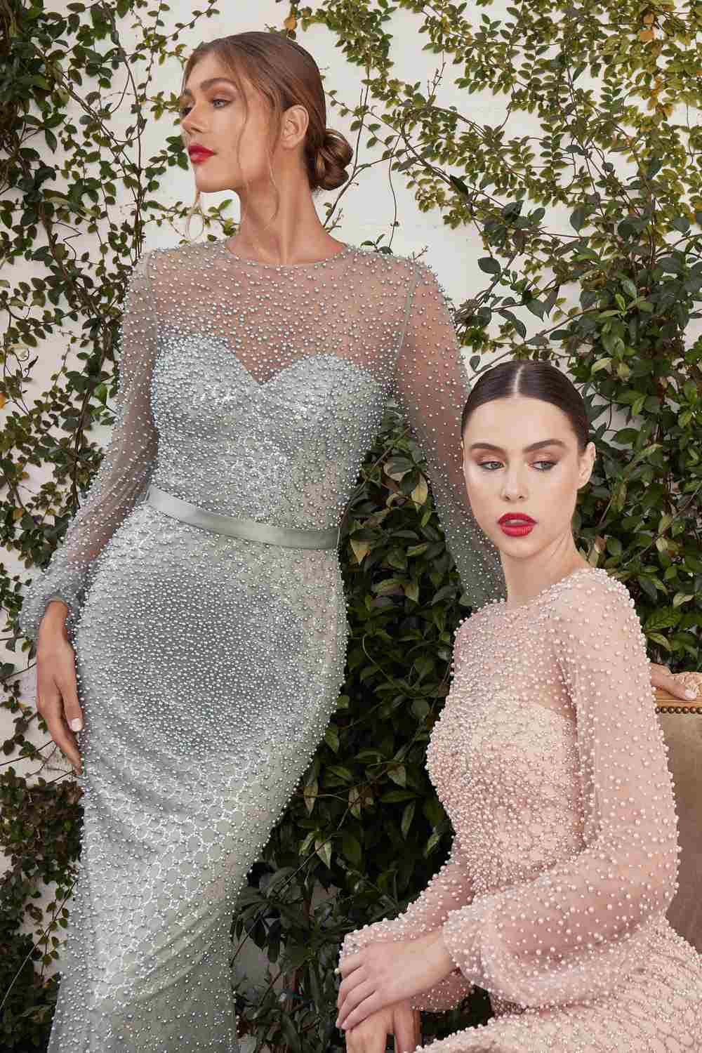 Andrea & Leo A0997W Pearl Beaded Long Sleeve Fit and Flare Long Dress