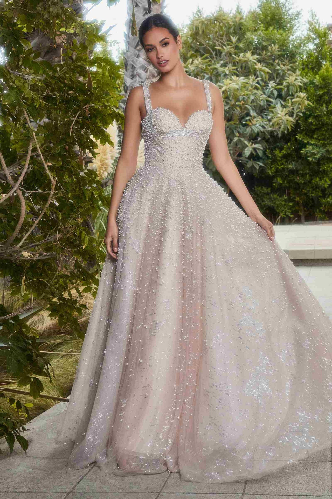 Andrea & Leo A1180 Long Pearleque Ball Gown with Crystal Strap