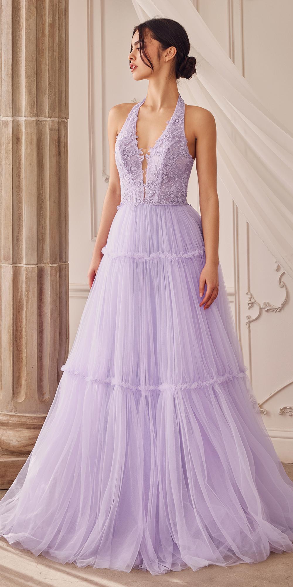 Andrea & Leo A1206 Long A-Line Garden Lace Halter Gown With Tier Skirt