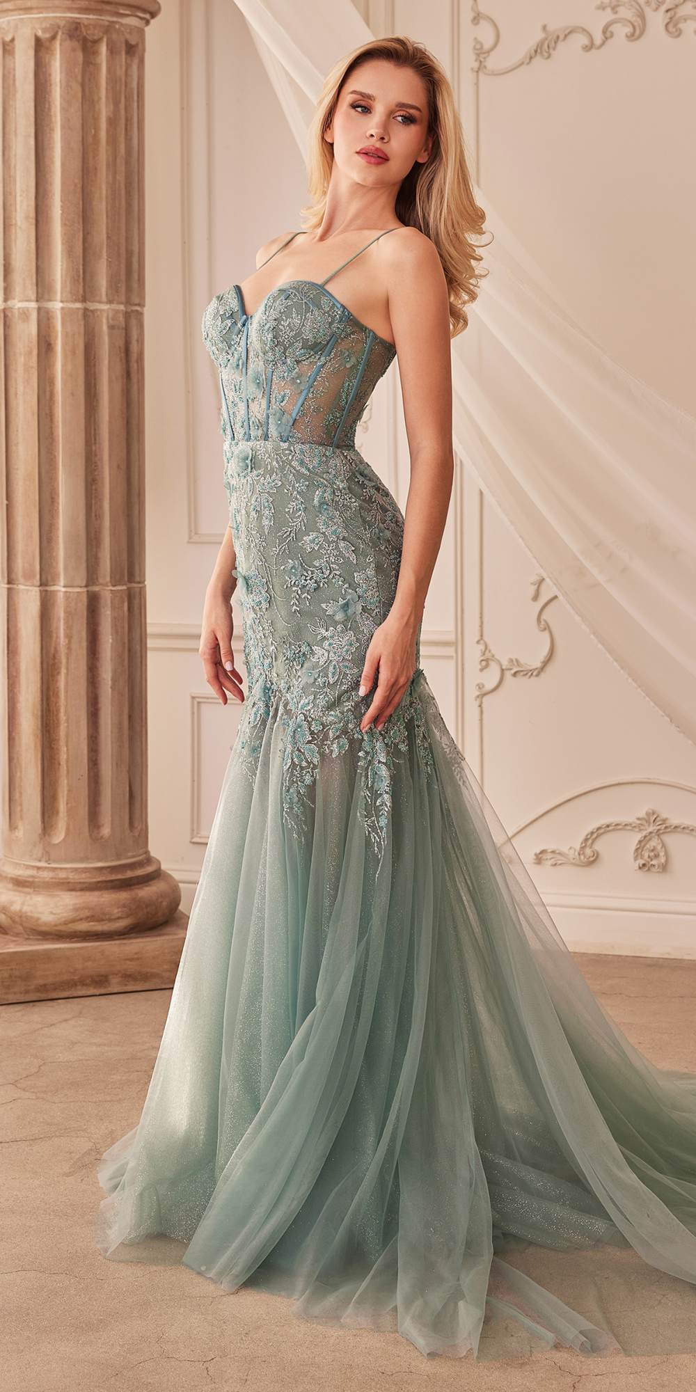 Andrea & Leo A1232 Long Fit and Flare Glitter Tulle Trumpet Gown