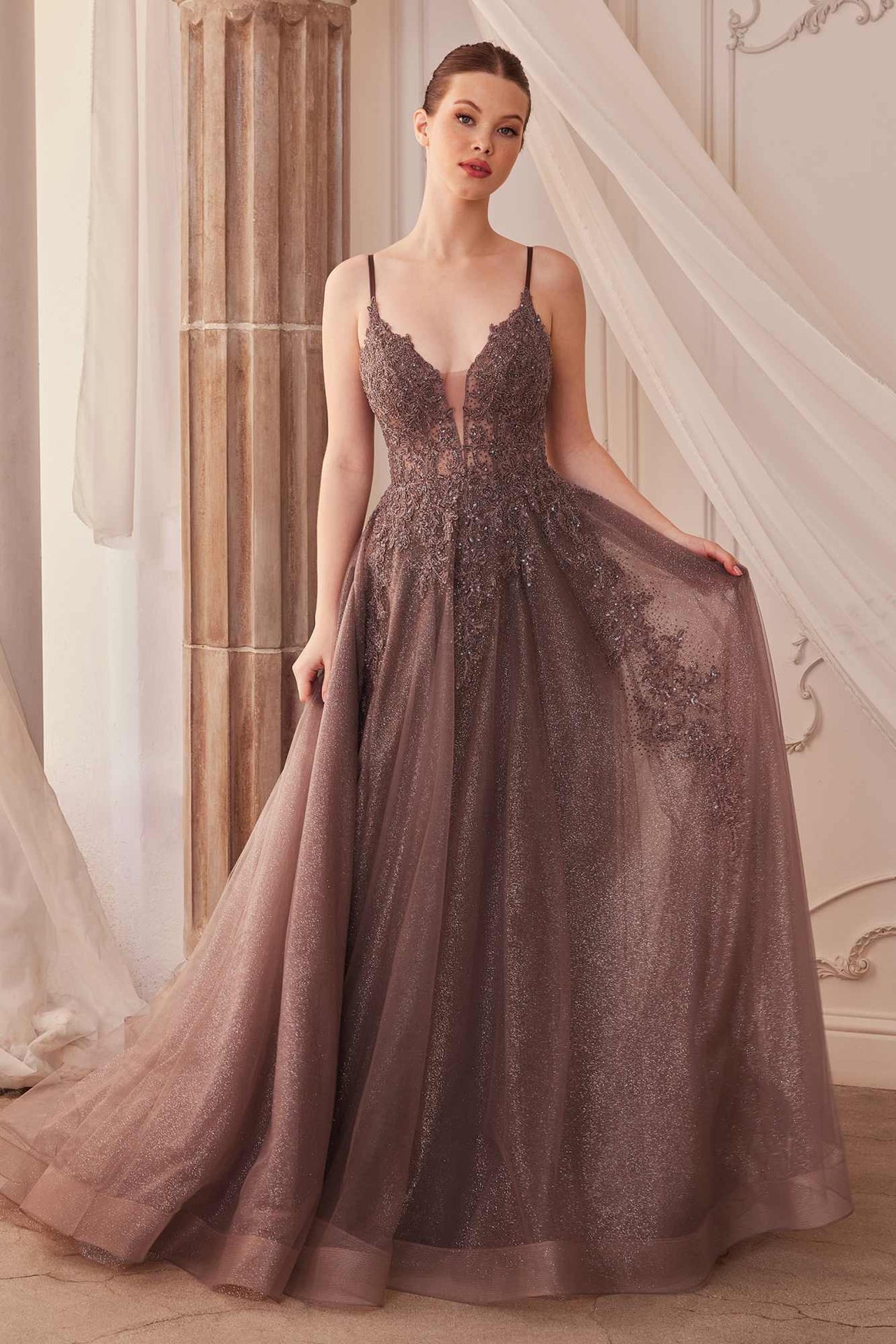 Andrea & Leo A1261 Long Lace Embellished A-Line Layered Tulle Gown