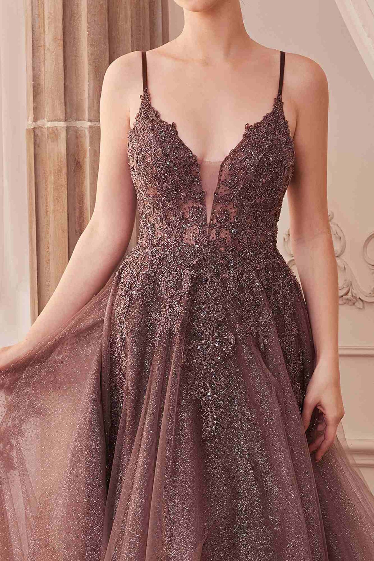 Andrea & Leo A1261 Long Lace Embellished A-Line Layered Tulle Gown