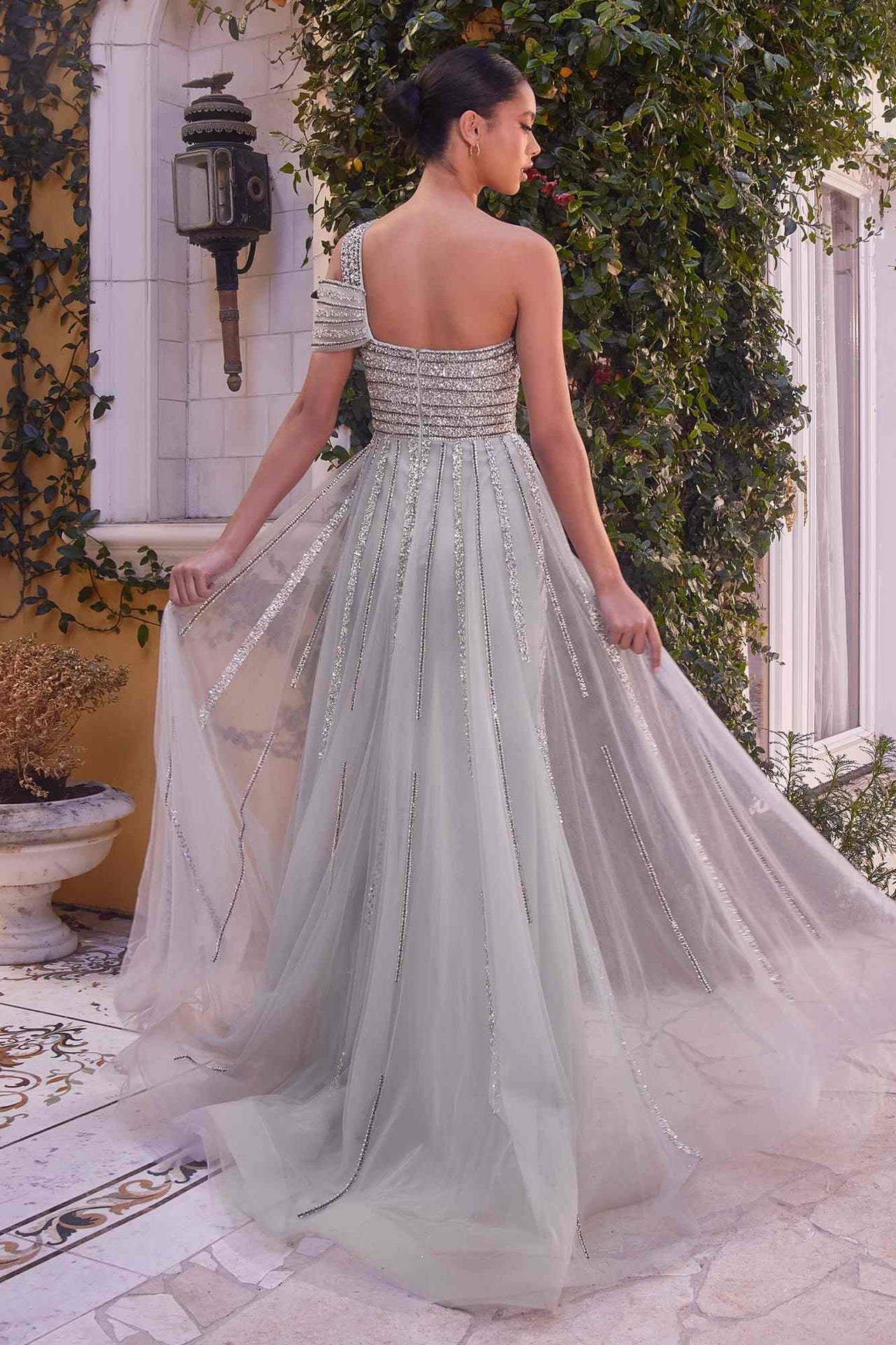 Andrea & Leo A1314 Long One Shoulder Silver Beaded Gown Leg Slit